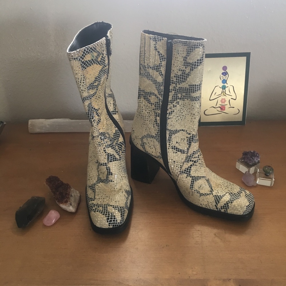 MIA Snakeskin Leather Chunky Heel Boots